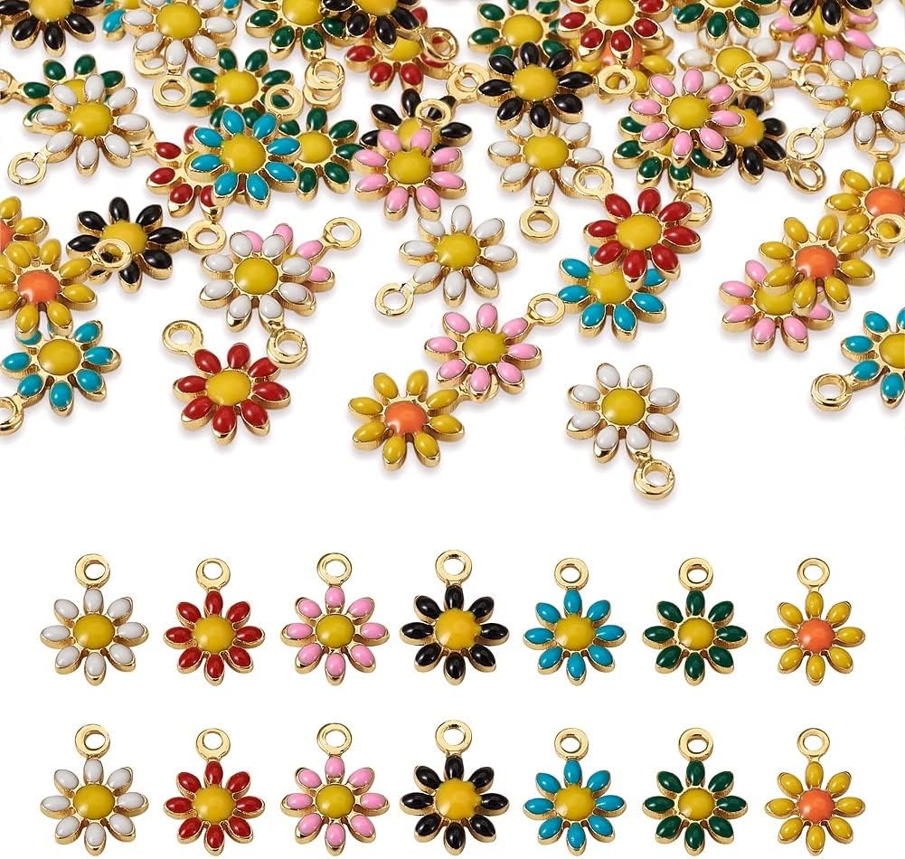 42pcs Enamel Flower Charms Golden Plated Sunflower Pendants Spring Theme Dangle Charms for Earrings Necklaces Bangles Jewelry Making