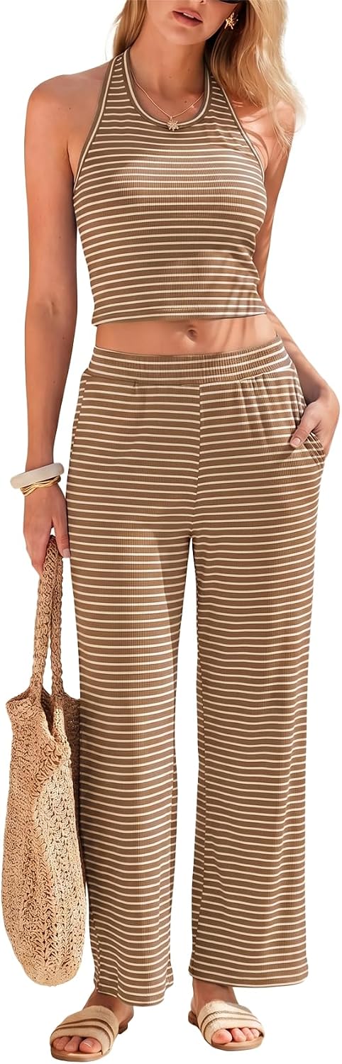 Womens Striped Two Piece Sets Summer Halter Open Back Top Wide Leg Pants Matching Outfits 2026 Beach Vacation Clothes