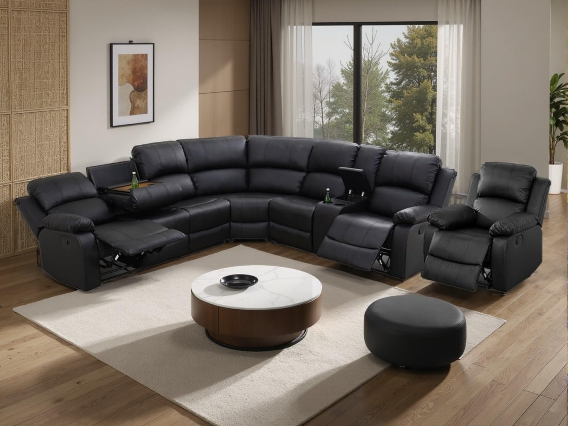 - Manual Reclining Sofa Set with Drop-Down Table, Corduroy Sofa Sets, Living Room Furniture Sets, Modern Manual Recliner Sofa Sets with Storage Console for Living Room (Black, Sectional+Chair)