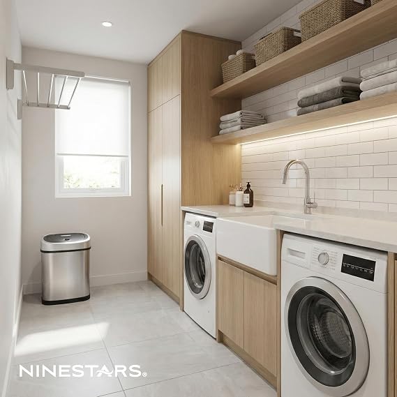 Ninestars 2-Piece Automatic Trash Can Combo Set, 13 Gal (50L) & 3 Gal (12L) Touchless Motion Sensor Garbage Cans with Odor-Sealing Lids, Oval Silver Stainless Steel, Black Lid