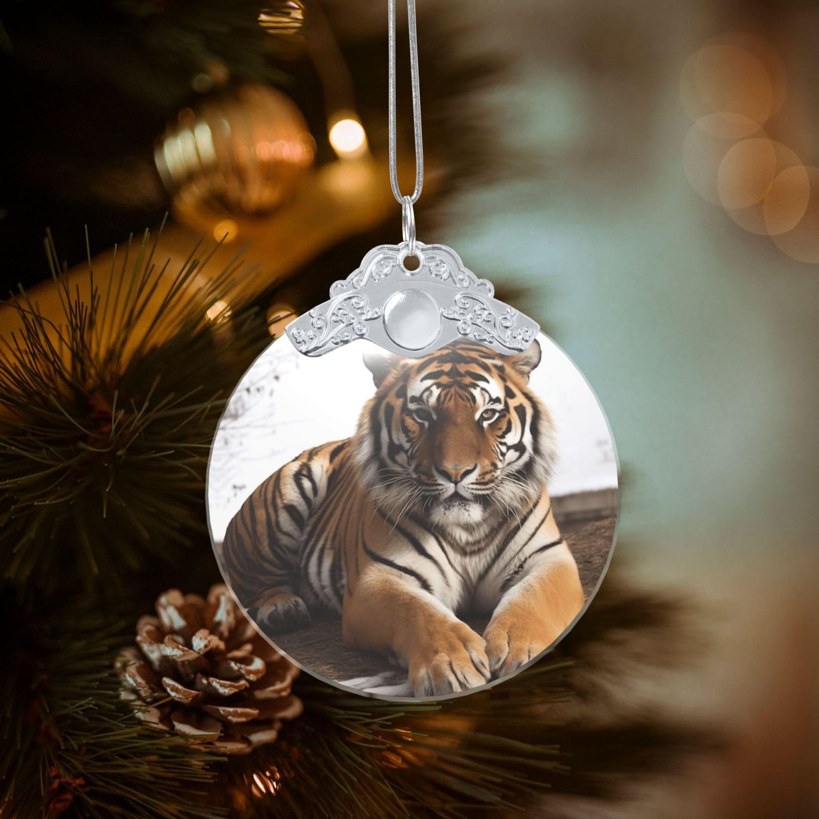 Crystal Christmas Ornaments for Christmas Tree Decoration Hanging Big Tiger Ornament with Gold Ribbon Crafts Round Pendant for Keepsake Gifts Glass Xmas Decor Party Supplies