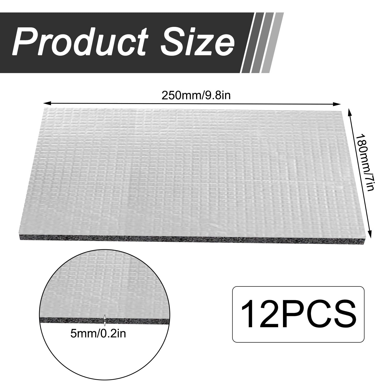 12 tappetini isolanti per auto, 250 x 180 x 5 mm, autoadesivi, isolamento auto, base protettiva in alluminio butirrale per isolamento acustico e isolamento termico