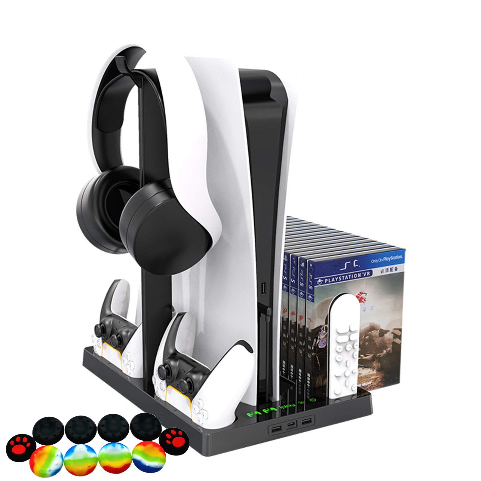 Soporte vertical con ventilador de refrigeración para PS5, puertos de cargador multifunción con soporte para auriculares y 15 estantes de juego para Playstation 5 (incluye 10 joysticks de pulgar Ps5)