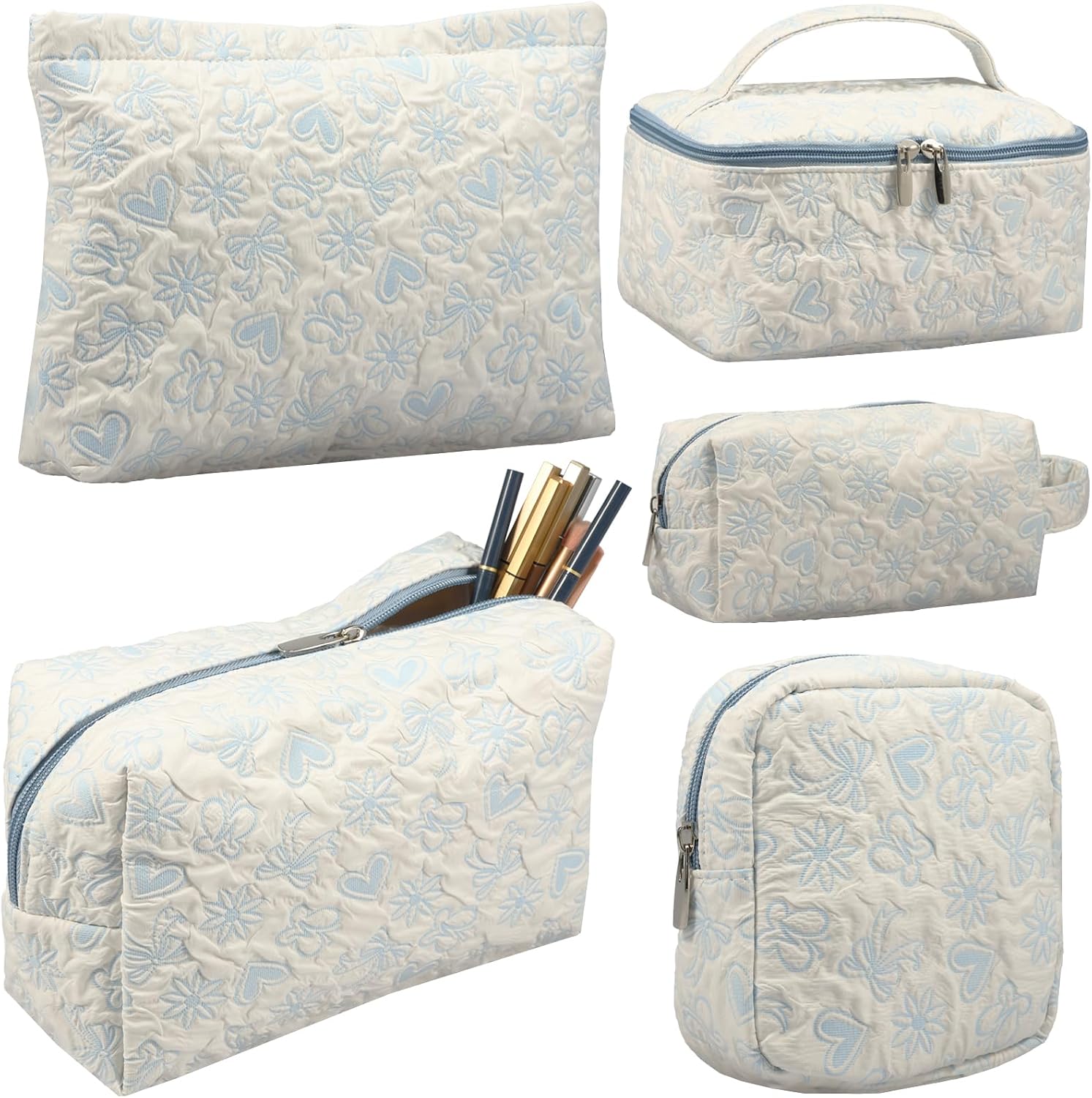 5PCS Makeup Bag, Polyester 5 Size Travel Makeup Bags, Lightweight Cute Make up Cosmetic Bag, Toiletry Organizer Bags for Women Girls(Blue)
