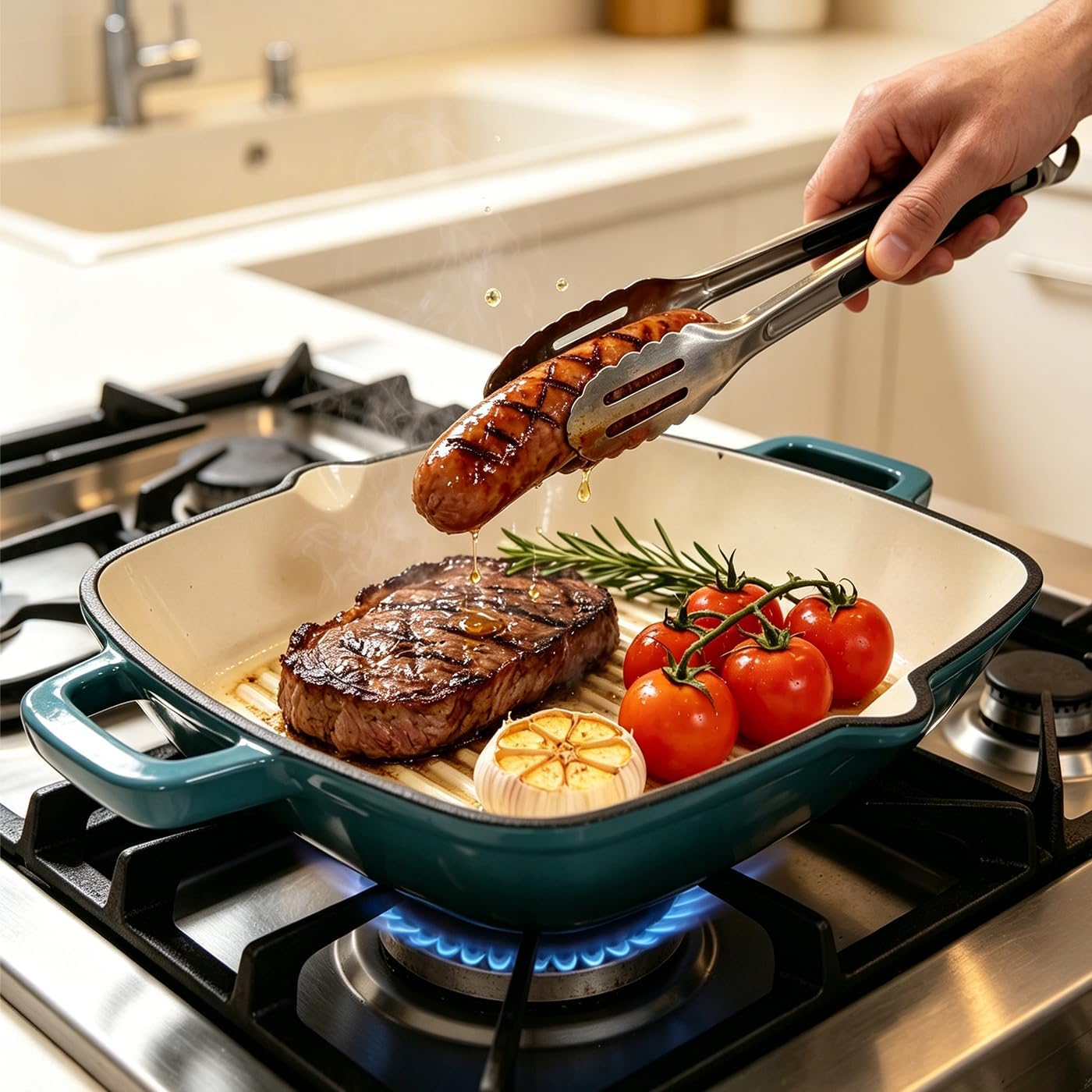 Enameled Cast Iron Square Grill Pan, Skillet with Large Loop Handles for Grilling Bacon, Steak, and Meats (Peacock Blue, 10 inch)