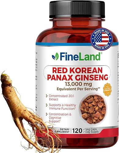 FineLand Extracto de Panax Ginseng Coreano Rojo 20x 13,000 mg Eq. por cápsula, 5% de ginsenósidos!, fuerza máxima, apoyo inmunológico, concentración