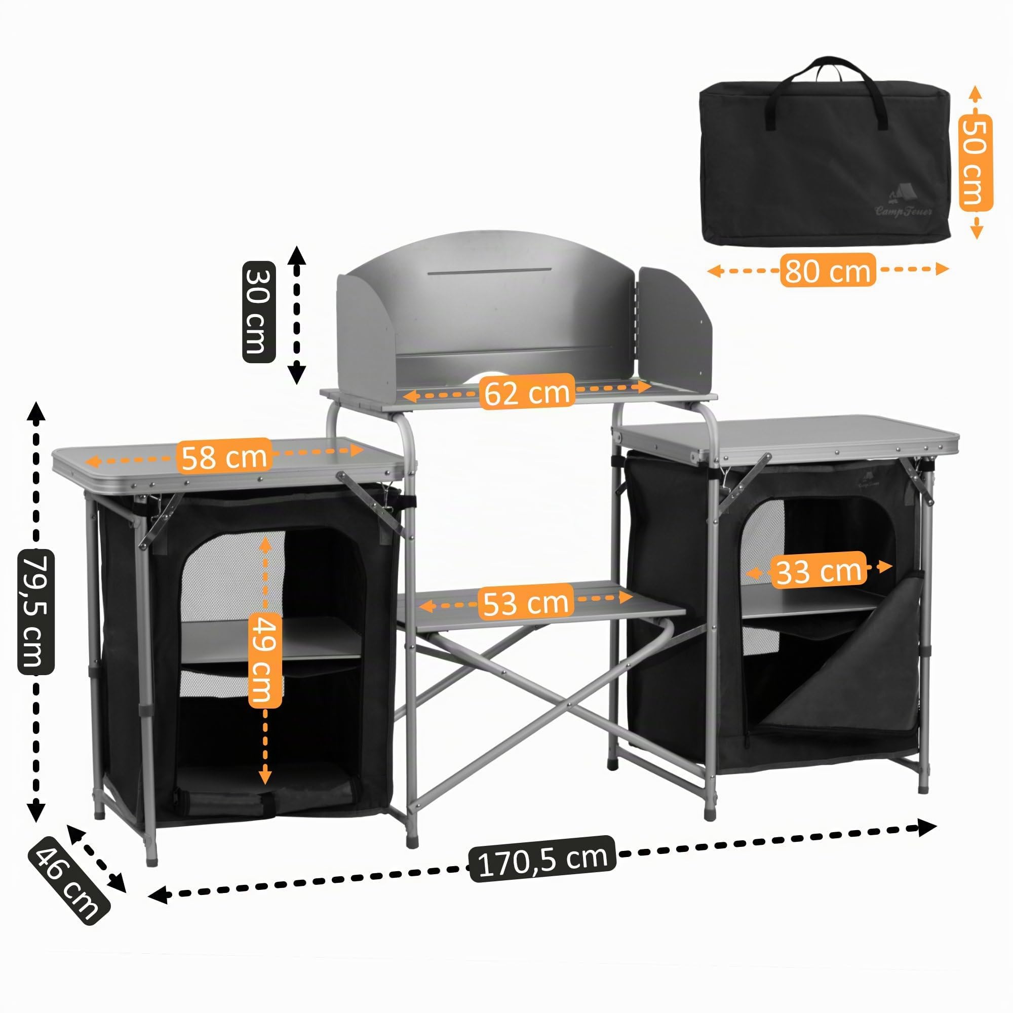 CampFeuer Armario de Camping | Cocina de Camping 171 x 111 x 48 cm | Armario Plegable con Protección contra Salpicaduras, Muchos Estantes y Compartimentos de Almacenamiento, Incl. Bolsa de Transporte