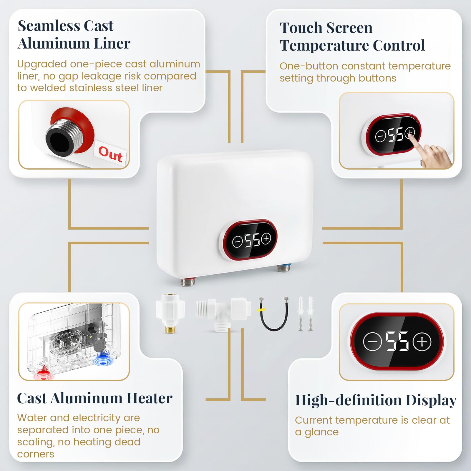 Mini Durchlauferhitzer 5500W 30-55°C mit Steuerventil,IPX4 Wasserschutz | LED Anzeige, Untertischboiler, Steckerfertig, Kalkarm, Garten Gäste WC, Händewaschen Geschirrspülen, Leise Energiesparend