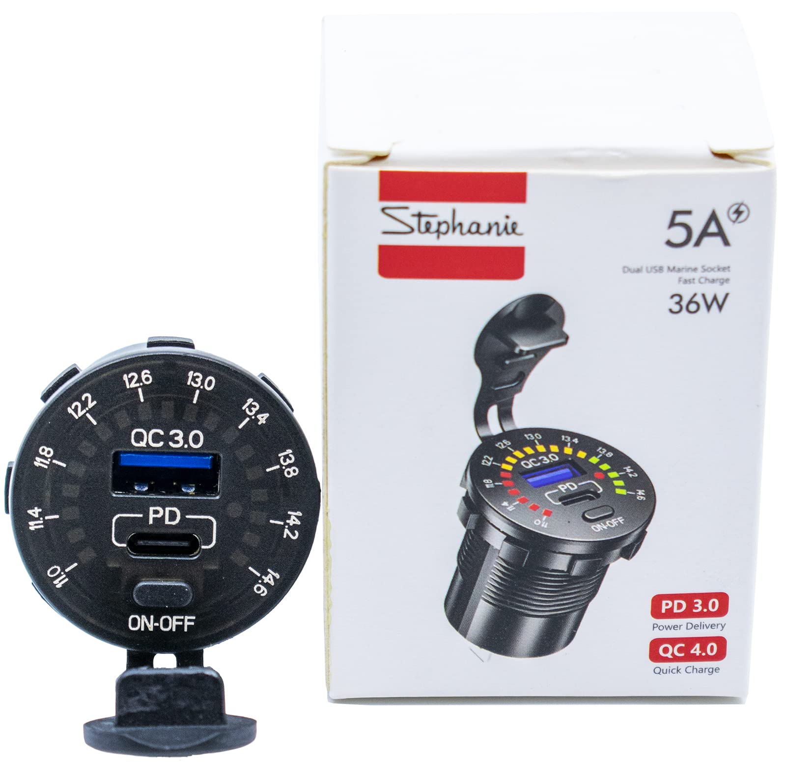 36W Buchse Dual USB Typ C PD 3.0 (36W) + USB A QC4.0 (18W) Schnellladegerät für Auto, Boot, Marine & RVs mit eingebautem Voltmeter