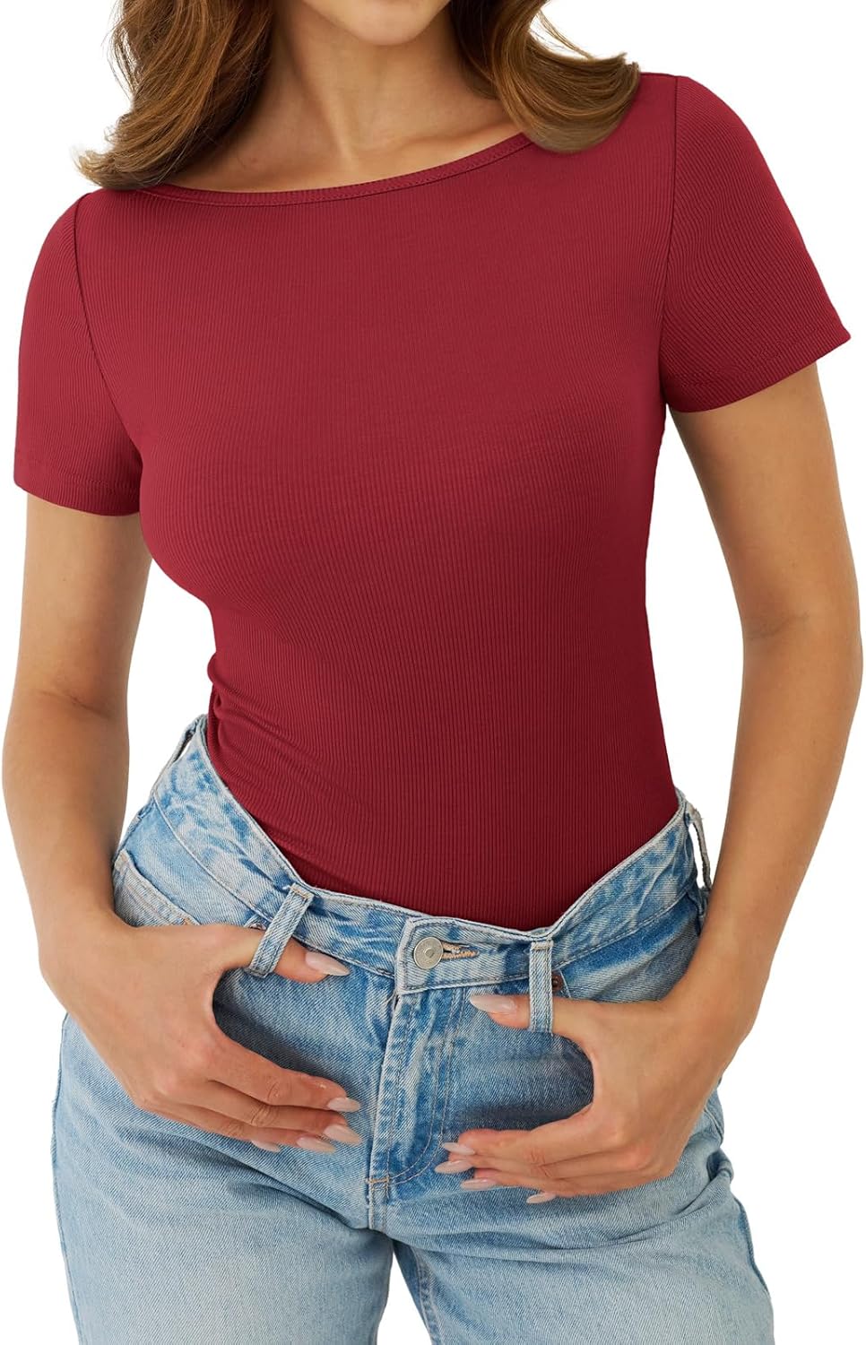 Women's Boat Neck Tops Ribbed Short Sleeve T-Shirts Slim Fitted Tight Y2k Basic Tee Spring Clothes 2026 Summer Trendy - Image 3