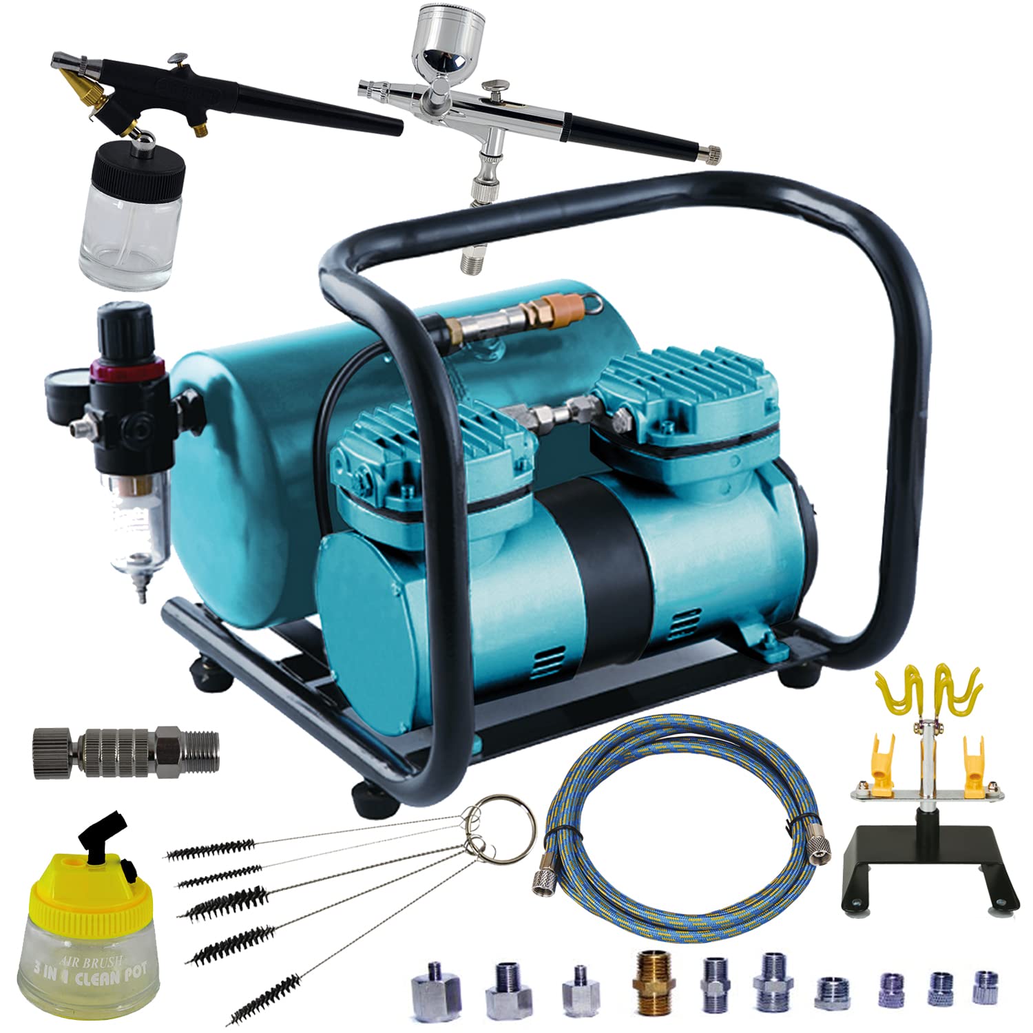 AIRBRUSH-SET DUO-Power Efficient = DAS KOMPLETT-SET mit Airbrush Kompressor, 2 hochwertigen PISTOLEN, HALTER, Kompressor-TANK, 2*SCHNELLKUPPLUNGEN CLEANING POT, Schlauch, Reinigungsbürsten