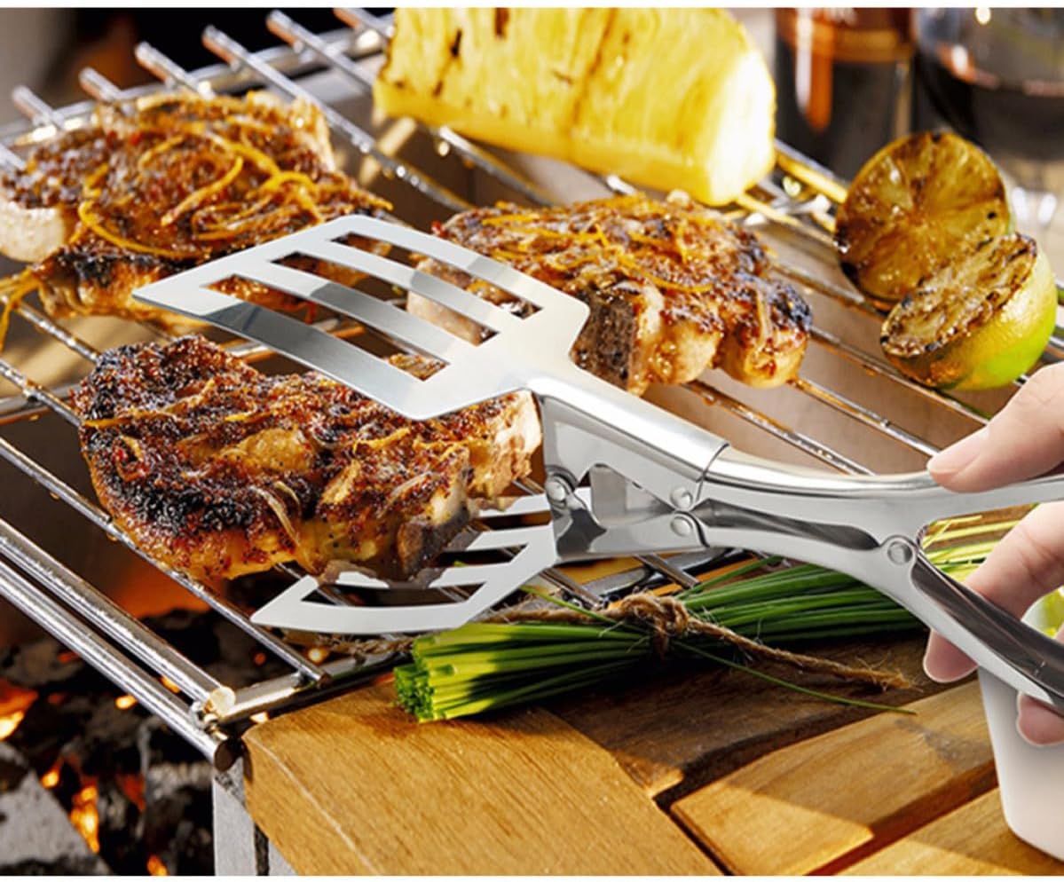 GANAZONO Stainless Steel Bbq Tongs Flat Square Heads and Slotted Clamp for Draining Excess Grease, Secure Grip without Crushing Food, for Home Party and Daily Use Serving Fried Fish