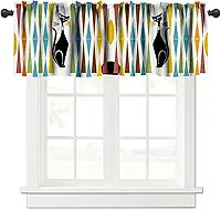 Cortina com tema de meados do século, gato preto, colorido, moderno, abstrato, geométrico, padrão, tratamentos, tecido, quarto, cozinha, janela, sanefas, com bolso para varão