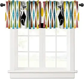 Cortina com tema de meados do século, gato preto, colorido, moderno, abstrato, geométrico, padrão, tratamentos, tecido, quarto, cozinha, janela, sanefas, com bolso para varão