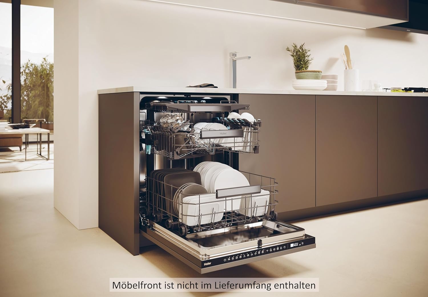 Close-up of the dishwasher's interior base, showing the filter system.