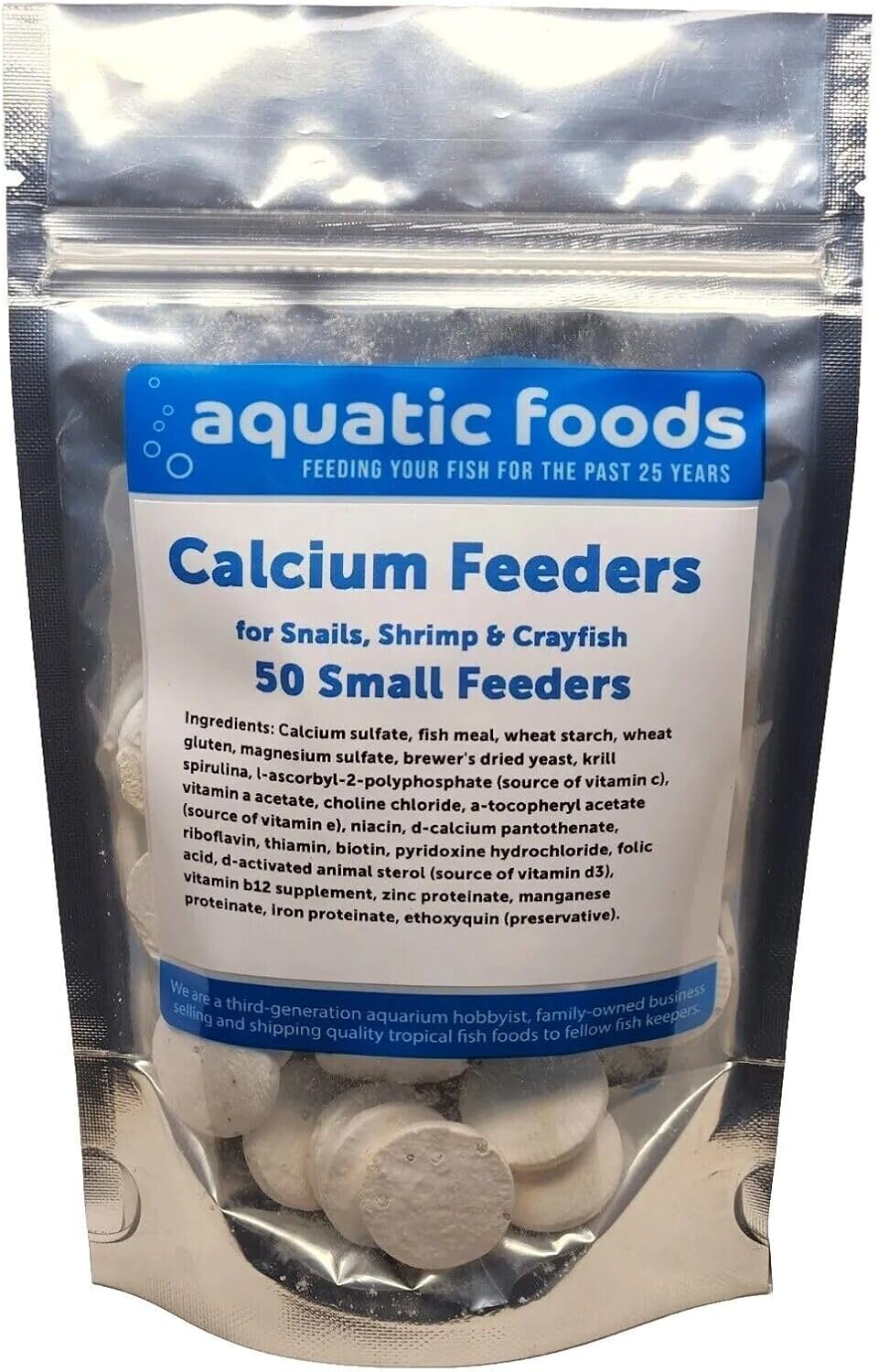 Aquatic Foods Inc. Calcium Enriched Sinking Feeder Disks and Holiday Feeding Food for Shrimp, Snails, Crabs, Crayfish, Hermit Crabs, Plecos, Catfish, All Tropical Fish. 50 Small Discs Bag
