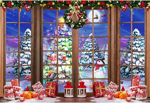 CRTPOD Telón de fondo de ventana de Navidad de 9 x 6 pies para sesión de fotos, bosque de nieve de invierno, muñeco de nieve, fondo nocturno de luna