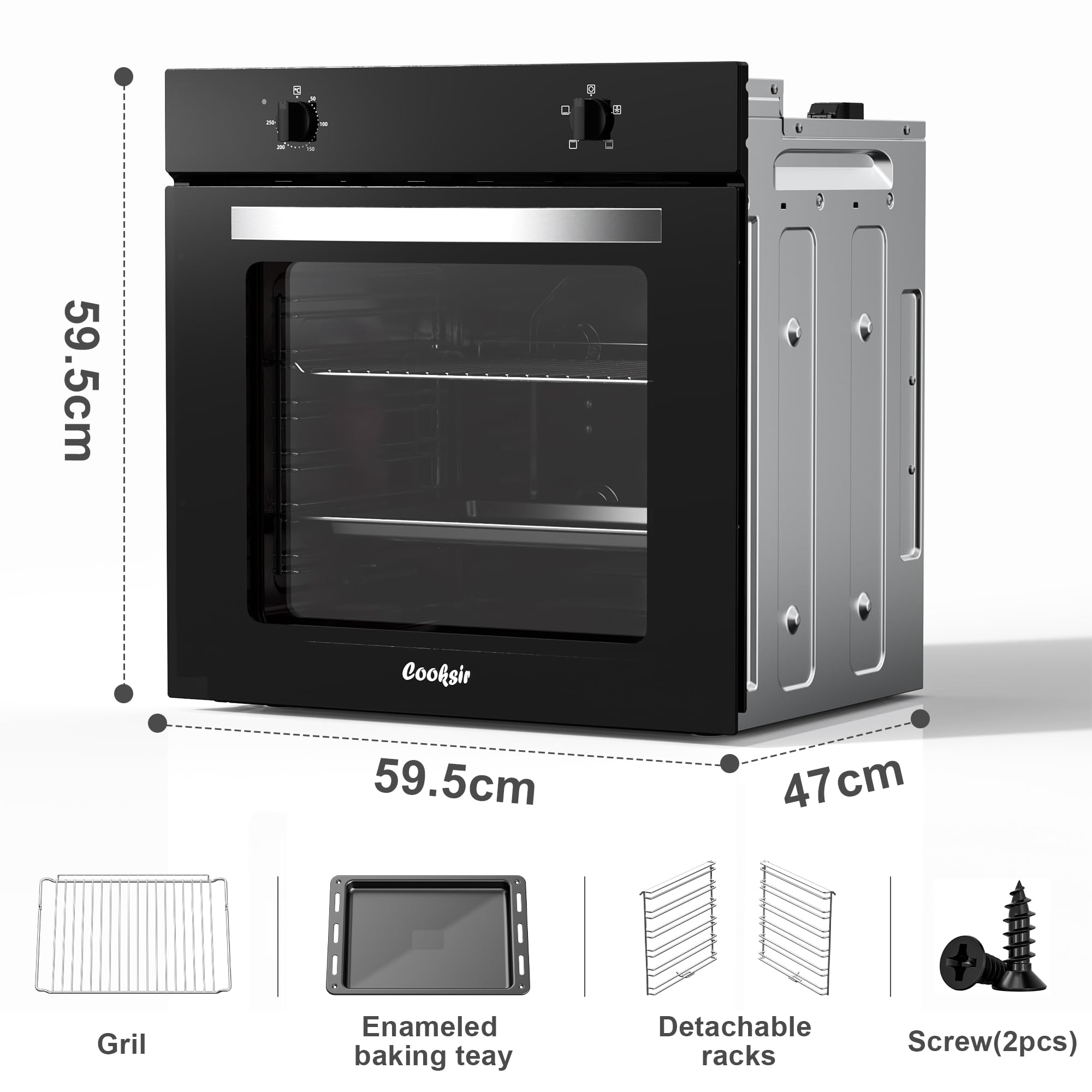 Horno Empotrable de 60 cm, 4 Funciones de Cocción, 65 L