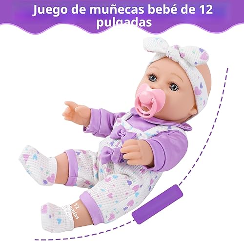 Miniatura 2 de Muñeca de bebé de 12 pulgadas con patrón de flores, muñecas realistas de 12 pulgadas con ropa y accesorios Hanky Chupete botella de pañal, juguete