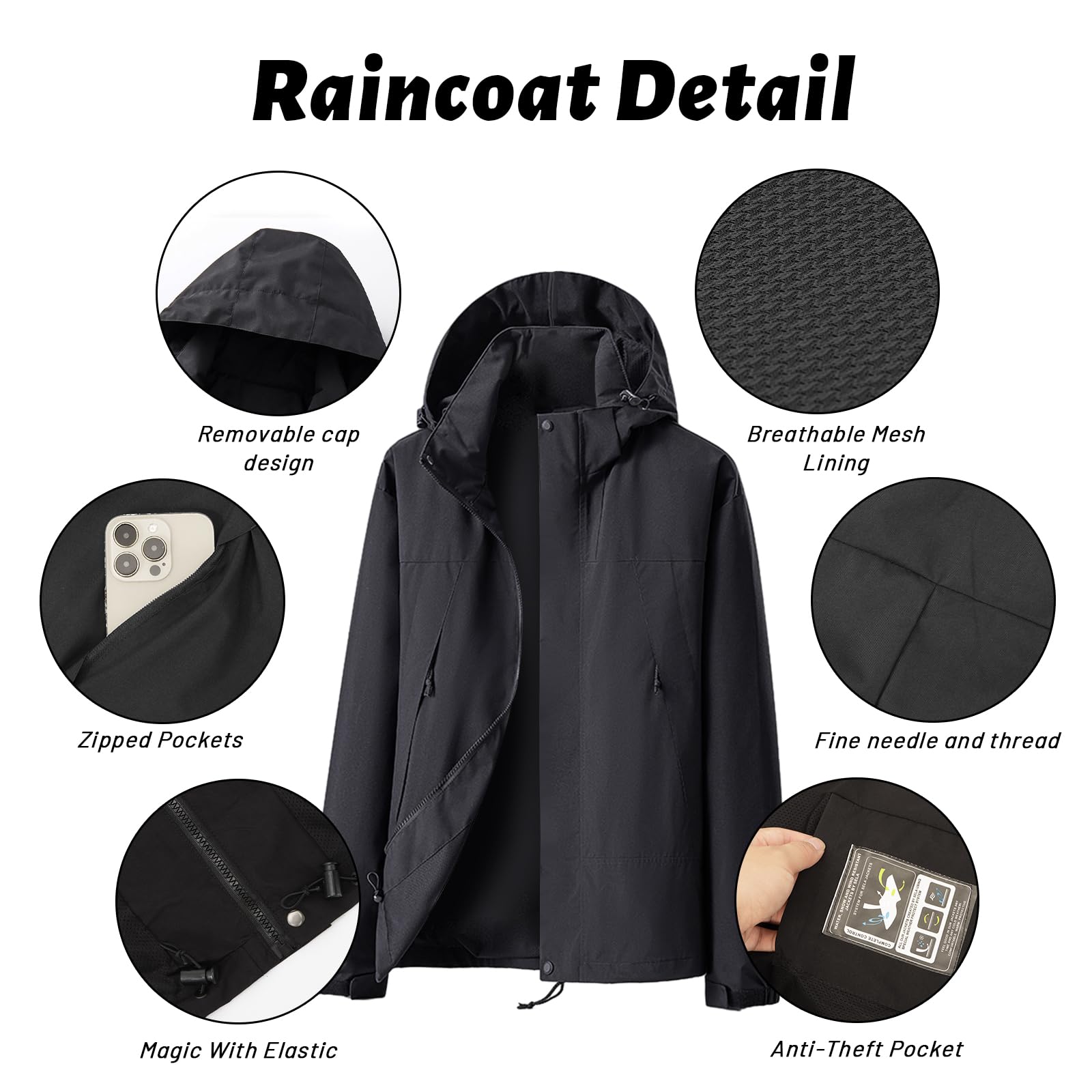 Chubasquero Impermeable para Hombre para Exteriores Transpirable Antiincrustante Chubasquero para Senderismo Cortavientos con Capucha Desmontable y Bolsillo con Cremallera