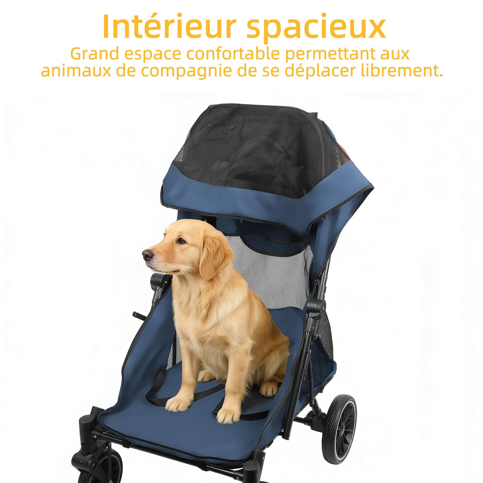 OHMG Grande Poussette chien chat,buggy,poussette pour chien 4 roues en EVA chariot pour chat pliage en un clic, laisse de sécurité, charge 45 kg,avec fenêtre en filet,Ceintures de sécurité