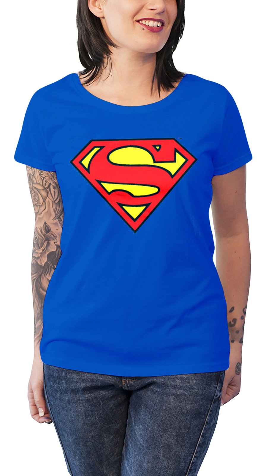 Officially Licensed Merchandise Superman Shield Girly T-Shirt (Blue), Medium
