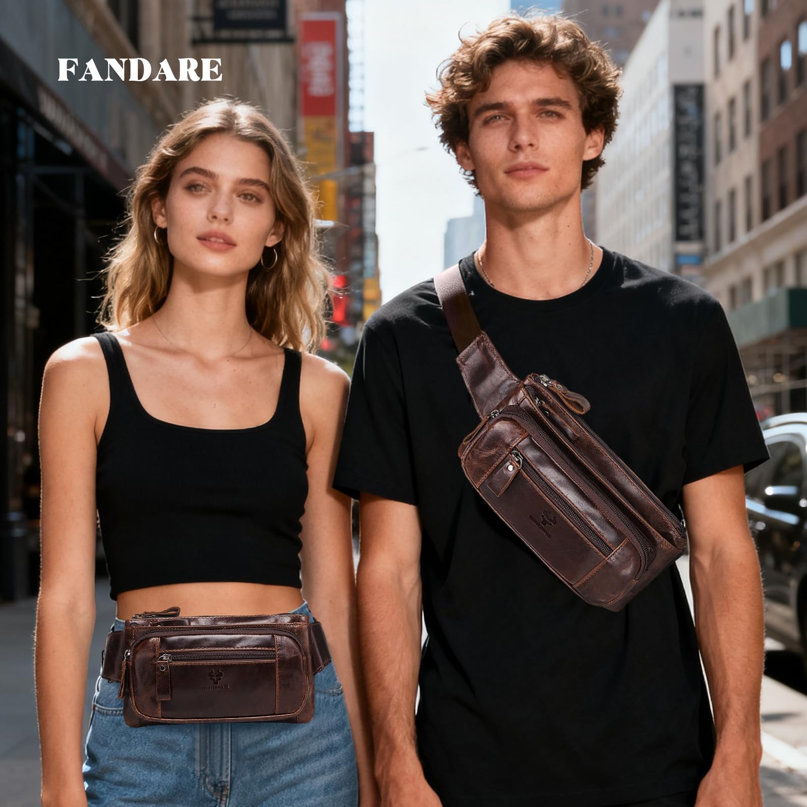 FANDARE Torba nerka z prawdziwej skóry dla mężczyzn i kobiet, unisex torba na talię z wieloma kieszeniami na zamek błyskawiczny, torba na biodra w stylu retro, na podróż, wędrówki, do codziennego