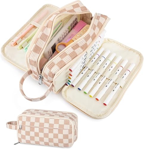 Cute Big Pencil Case Pouch Bag Brown Checked for Teen Girls Boy Gift