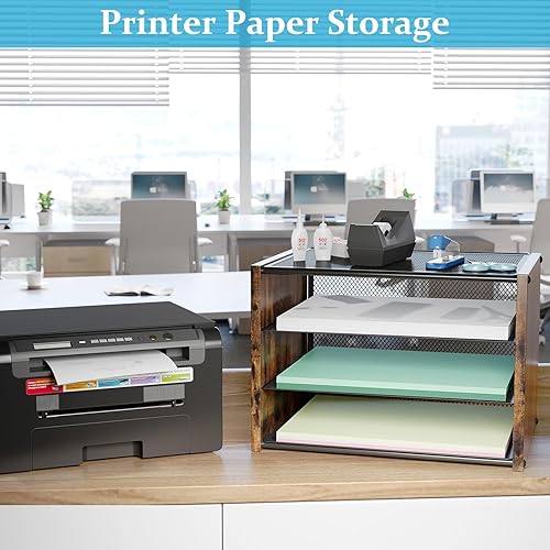 Miniatura 2 de Bandeja de papel de 3 niveles, organizador de archivos de escritorio de madera, organizador de escritorio de malla metálica apilable para