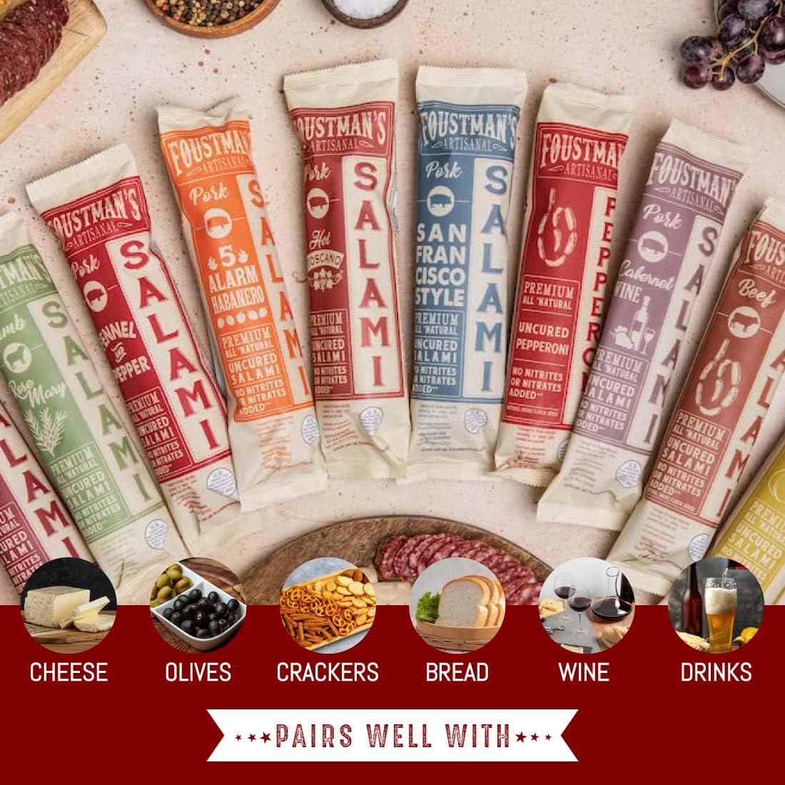 Foustman's Salami Garlic Lamb Artisanal, Nitrate-Free, Naturally Cured, Gluten-Free, Dairy-Free, No Pork, 8 Oz Sticks (Pack of 2)