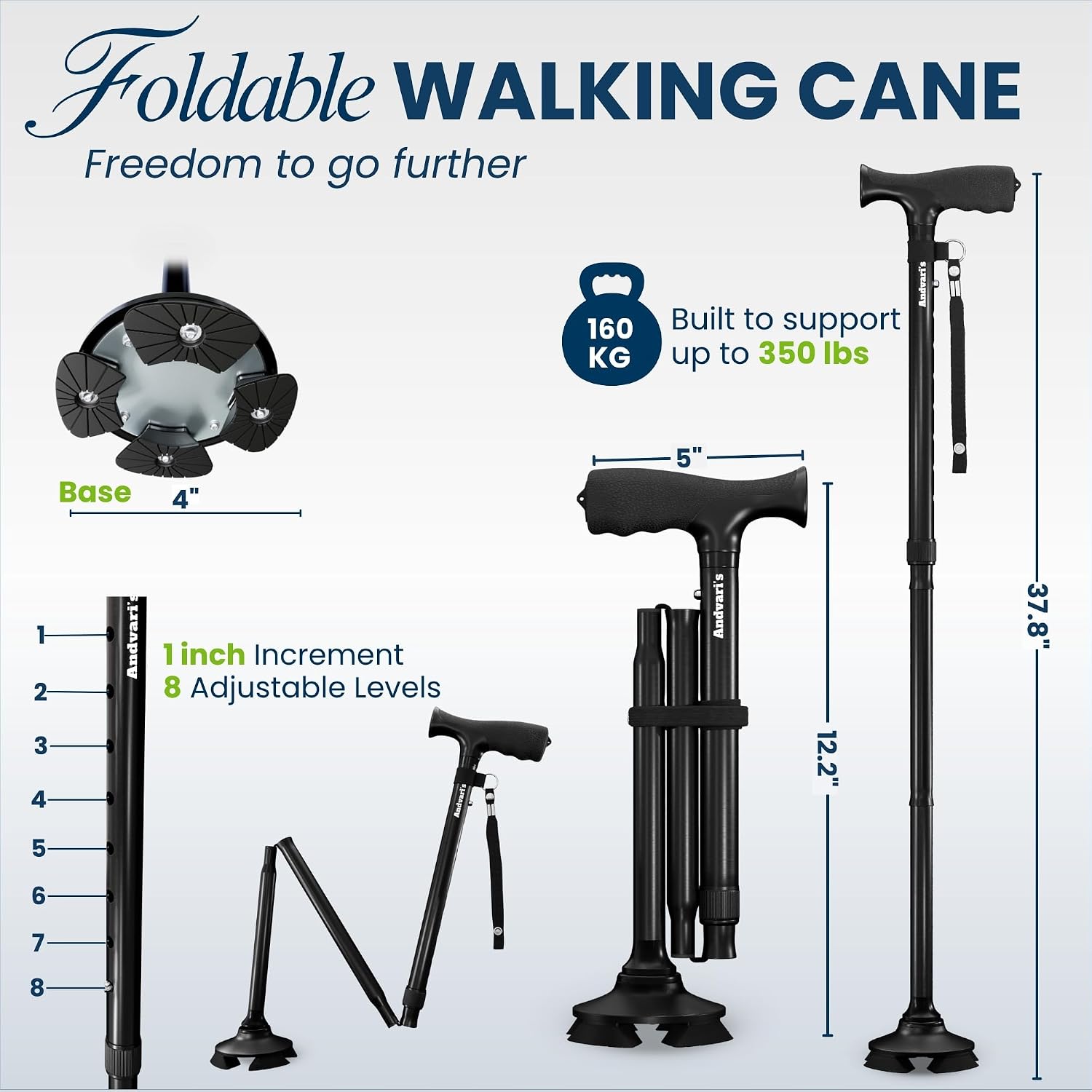 Walking Cane for Men & Women – Foldable, Adjustable, Self-Standing Cane with 360° Pivot Base, Comfortable Grip, Heavy Duty Canes for Women, Collapsible Walking Stick with Travel Bag for Seniors Adults