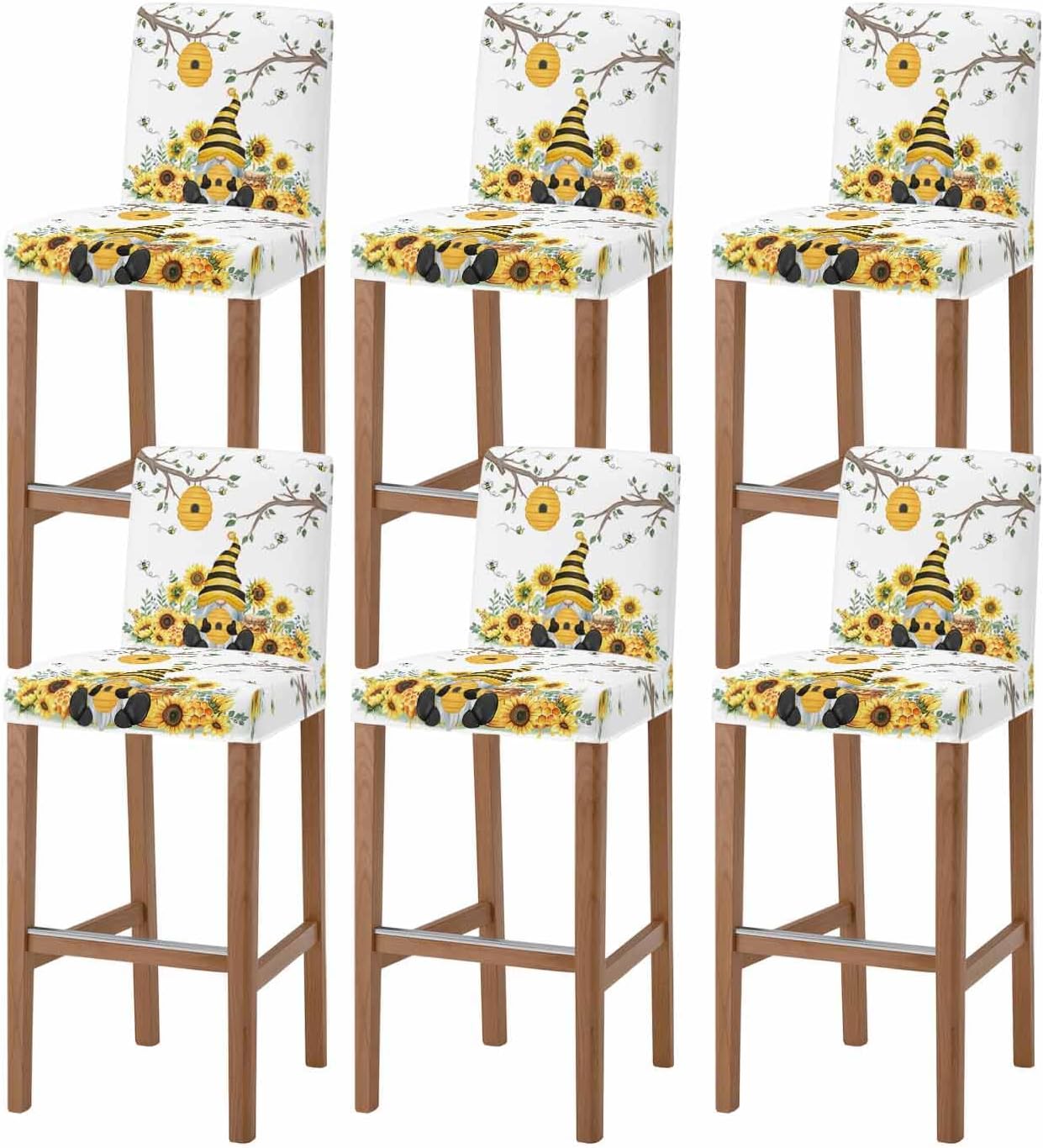 Gnomes Sunflower Bar Stool Cover Set of 6, Bees Branches Floral Farmhouse Stretch Bar Chair Cover, Removable Washable Pub Counter Stools Chair Slipcover for Kitchen Dining Room Pub Cafe