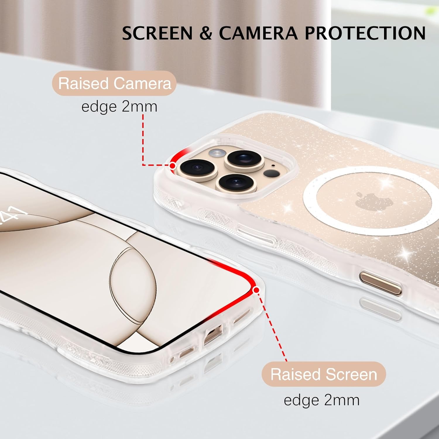 Telaso for iPhone 16 Pro Max Case, Compatible with Magsafe Glitter Bling Sparkly PC Back Wave Frame Designed TPU Bumper Protective Magnetic Case iPhone 16 Pro Max for Women Girls, Glitter Clear - Image 9