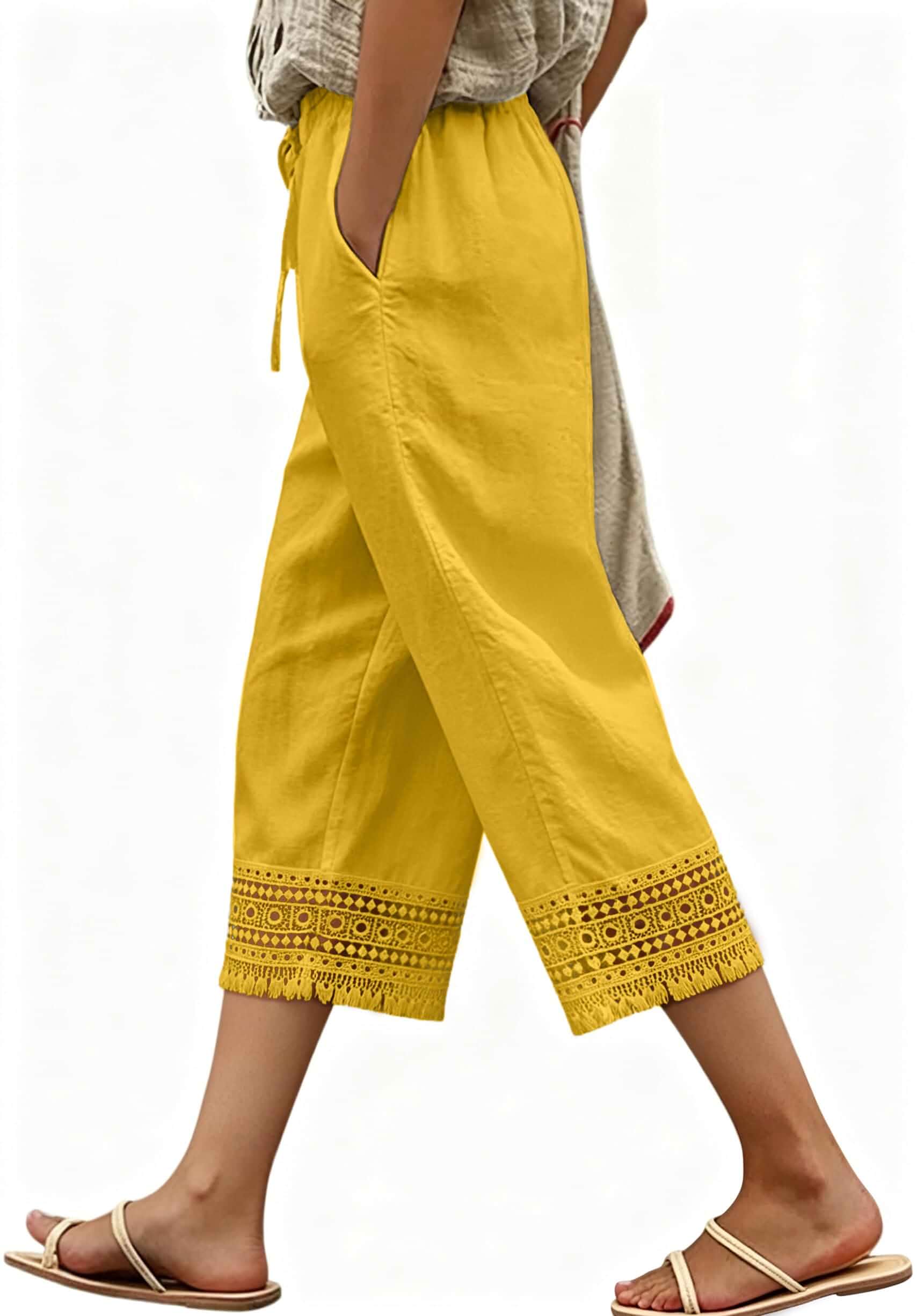Capri Pants for Women Drawstring Elastic Waist Causal Boho Lace Vacation 3/4 Trousers with Pockets Loose