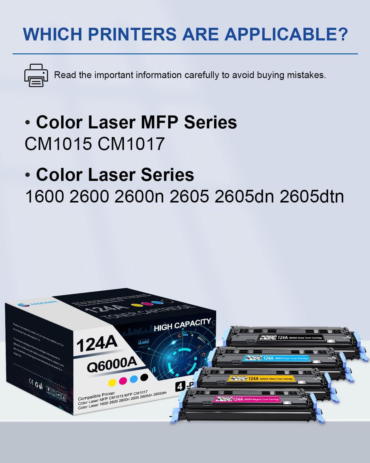 124A Toner Cartridges Set High yield 4 Pack: Compatible Q6000A Q6001A Q6002A Q6003A Toner Replacement for HP 124A Laser 1600 2600 2600n 2605 2605dn 2605dtn MFP CM1015 MFP CM1017 Printers(1BK/1C/1M/1Y)