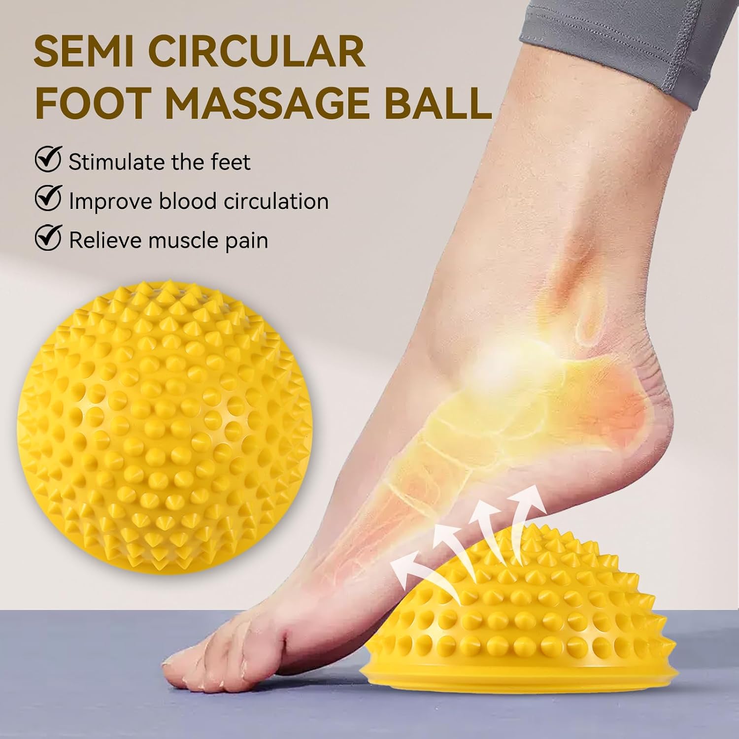 Agatige Foot Massage Ball, Half Round PVC Spiky Foot Wakers Balance Therapy Dome Trigger Point Ball Feet Massage Roller for Yoga Fitness Exercise Gym Massager(Yellow)