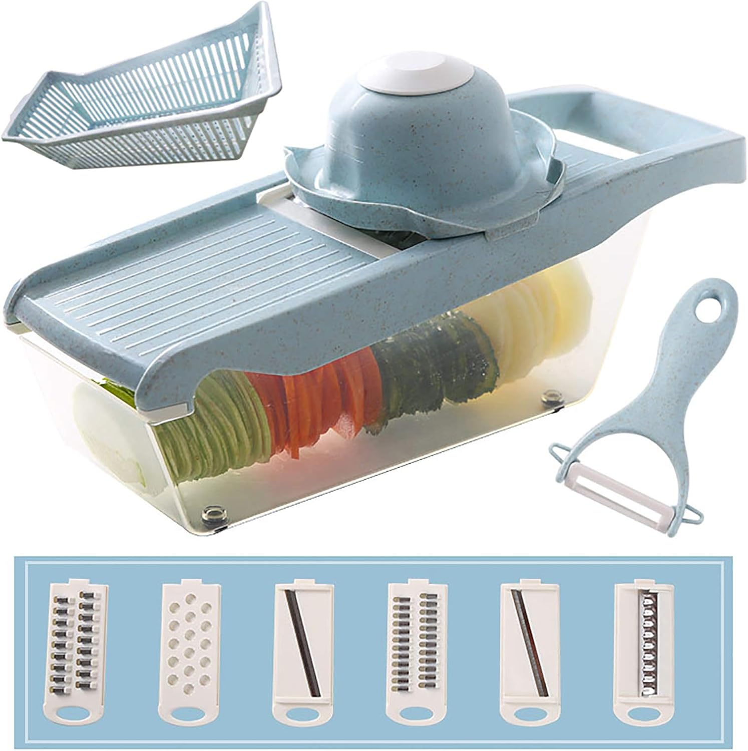 Onion Mincer Chopper Kitchen Cutter for Fruit Tomato Potato Vegetable Chopper Dicer Mandolin Slicer Multifunctional Food Chopper Vegetable Spiralizer with Hand Guard and Grater-Blue 31x11x12cm(12x4