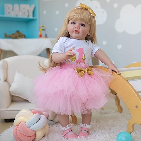 Amazon Co Jp 60cm立っている幼児女の子リボーンドール人形24インチリアルお姫様人形長いブロンドの髪ピンクのドレスでソフトボディコレクタブルお誕生日贈り物 おもちゃ