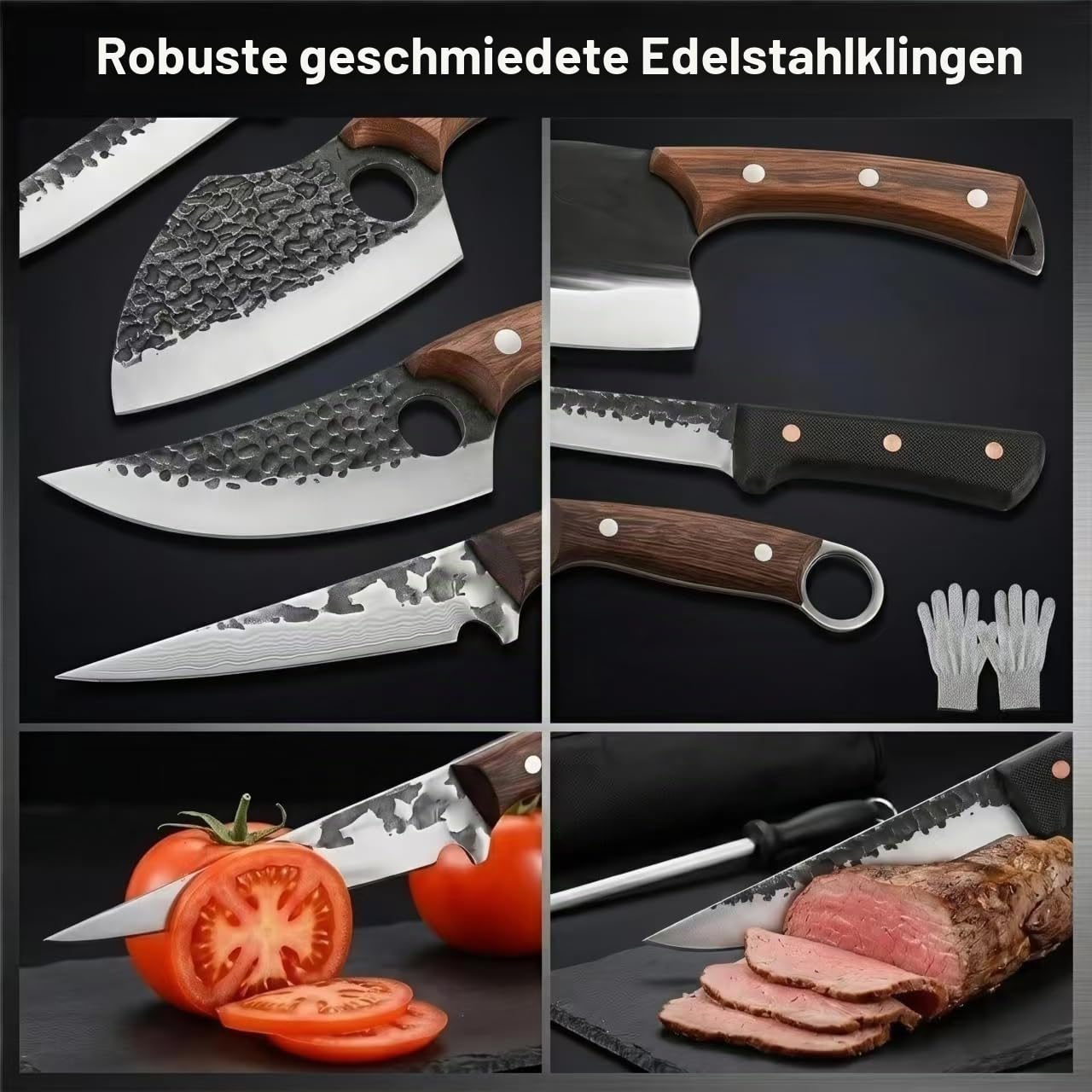 KLYTE 8-teiliges Messerset: Hackmesser & Kochmesser für BBQ | Perfektes Koch set für Männer & Grillset. Inkl. Metzgermesser, Tasche & Handschuh. Ideal als Camping Messer mit Holzgriff.