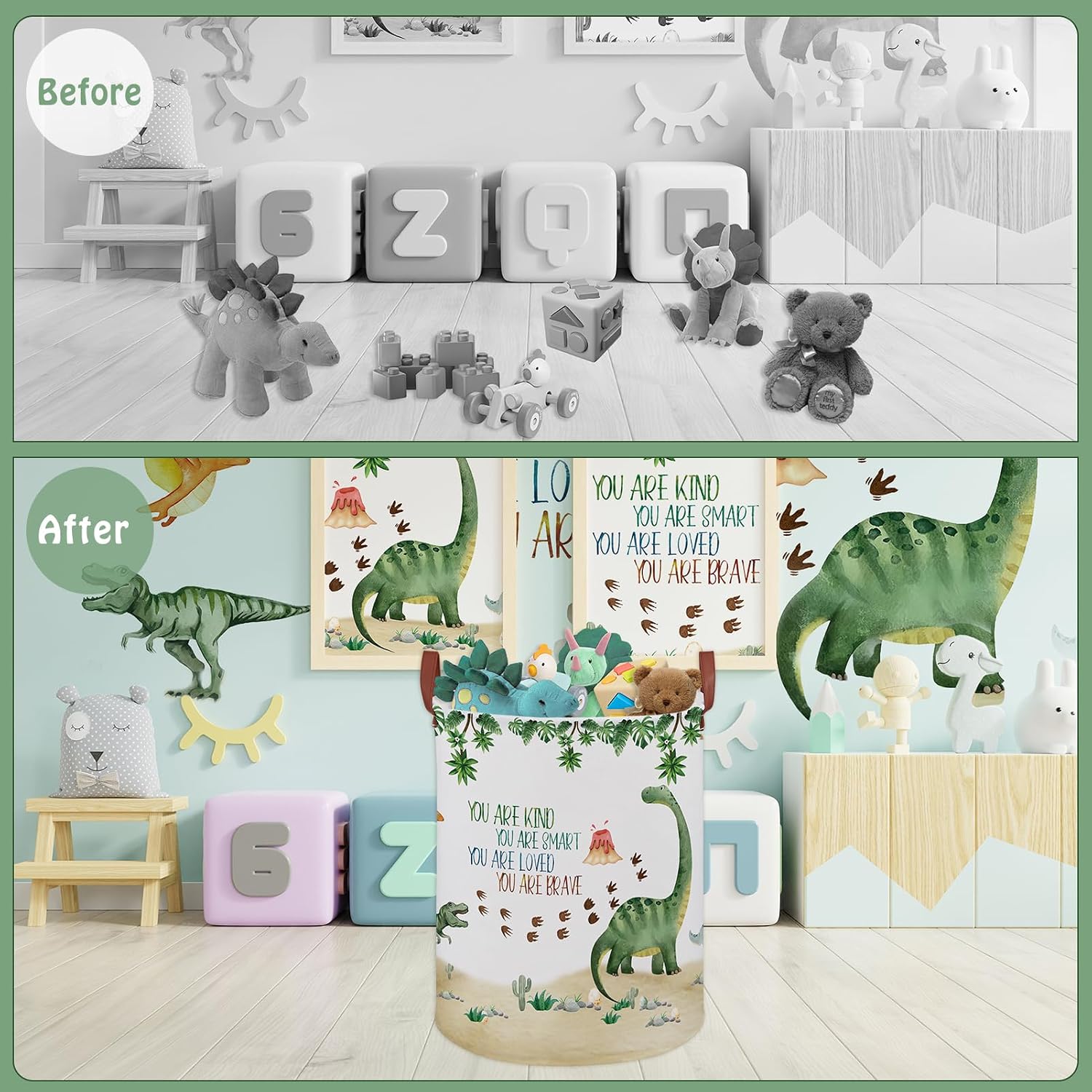 Dinosaur Nursery Decor Kids Laundry Basket Large Kid Storage Chest Trunk Woodland Stone Volcano Book Shelf Basket Collapsible Clothes Toy Bin for Baby Rectangle Hamper,45L(Green Dinosaur) image 3