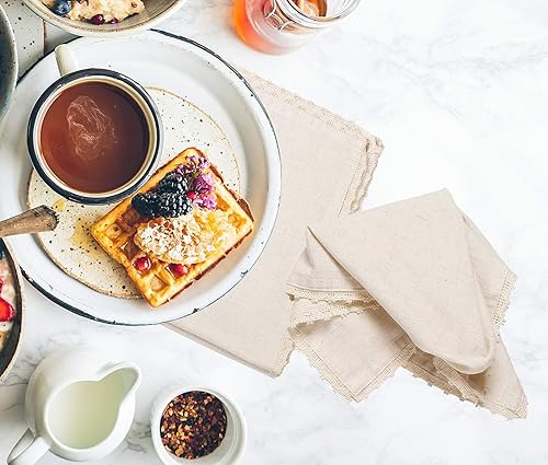 Miniatura 5 de Juego de 12 servilletas de lino con encaje, 18 x 18 pulgadas, servilletas de tela de lino natural, servilletas de tela lavables para cenas, bodas,