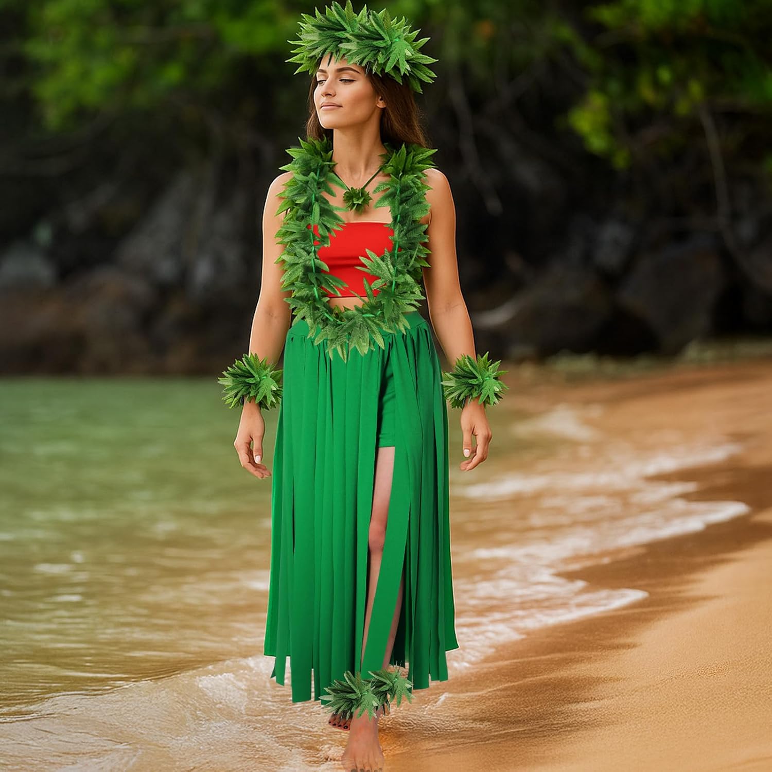 8 Pcs Hawaiian Woman Costume Hula Skirt with Tank Top Flower Necklace Leis Outfit for Halloween Summer Luau Party