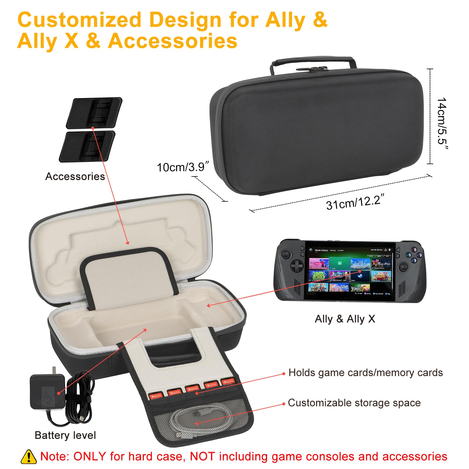 XINGFUDAO Konsole Eva-Hülle, Kompatibel Mit ASUS ROG Ally 7 Zoll 120Hz Gaming Handheld, Spielkonsolen-Organizer Mit Großer Kapazität (Schwarz)