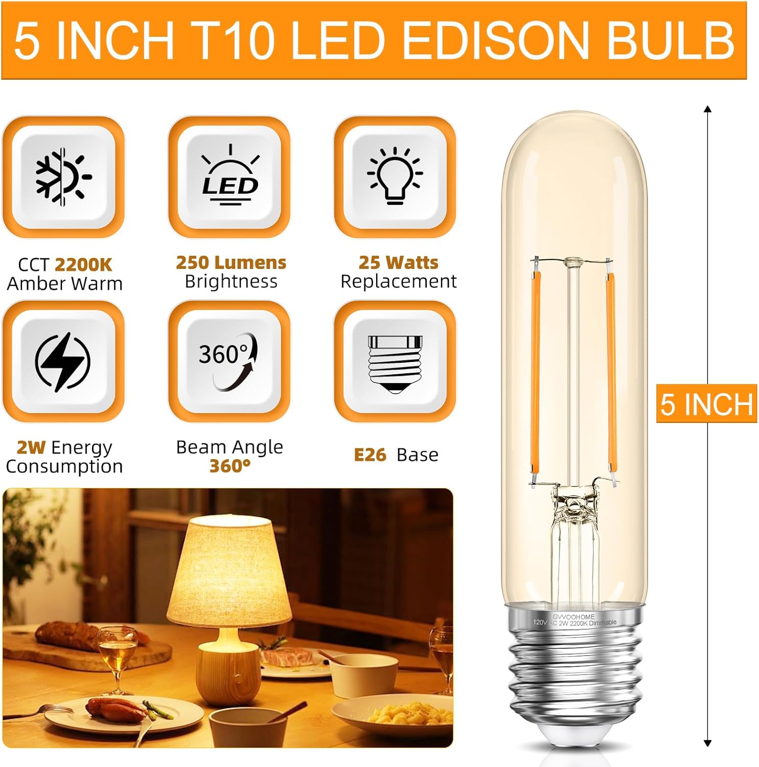 GvvooHome Tubular LED Edison Bulb 2200K Amber Warm Dimmable, 2W, 25 watt Equivalent, E26 LED Light Bulbs, T10 Edison Bulbs for Chandeliers, Ceiling Fan, 90+CRI 250LM, 6 Pack
