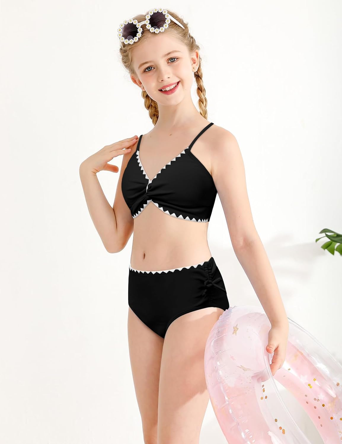 Girls Swimsuits Twist V Neck Drawstring Cute Girls Bikini Swim Two Piece Sets with Chest Pad