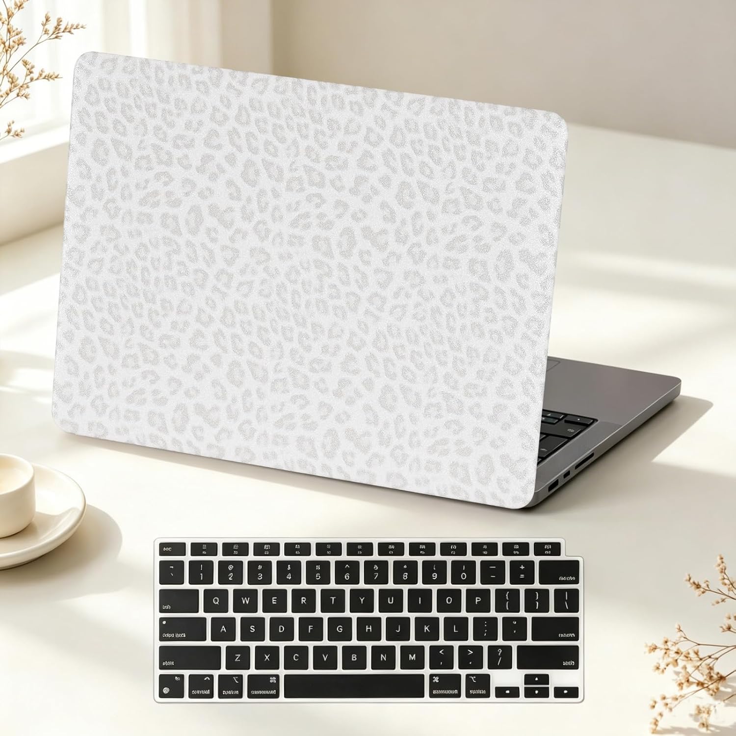 DTangLsm for MacBook Air 13 inch Case M5 2026 M4 2025-2022 M3 M2 A3449 A3240 A3113 A2681,Sparkly Glitter Leopard Print Cheetah PU Leather Hard Shell Case+Keyboard Cover for MacBook Air 13.6 inch,White