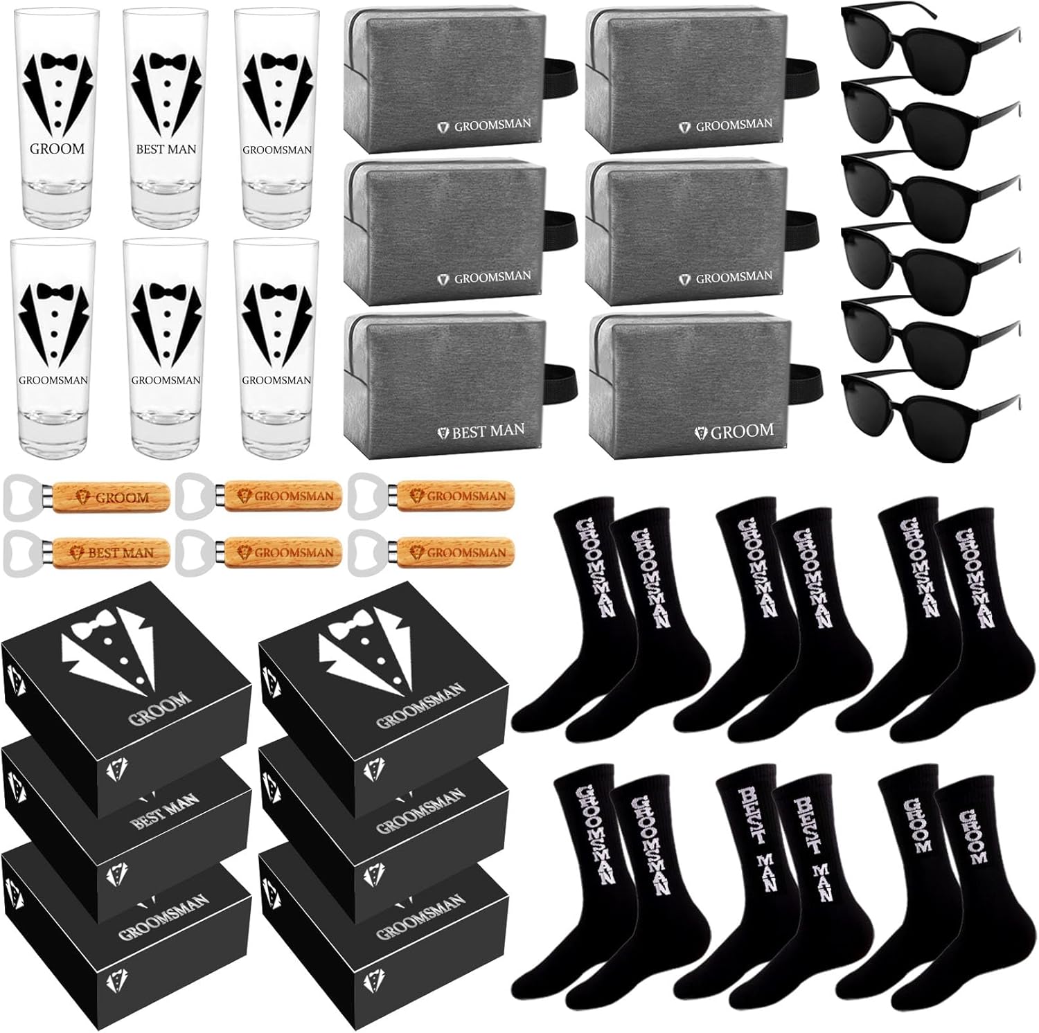 36Pcs Groomsmens Gifts Set of 6,Proposal Box Gifts,2oz Shot Glasses,Oxford Bags,Black Sunglasses,Bottle Openers,Socks,Proposal Boxes,Wedding Bachelor Party for Groomsmens