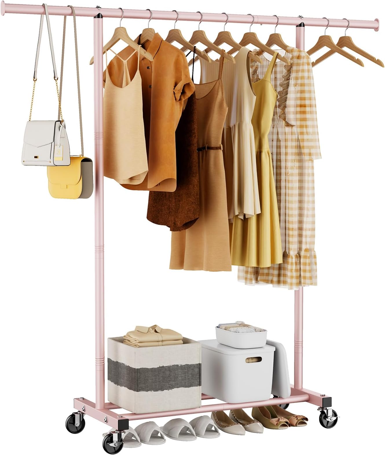 Clothes Clothing Garment Rack with Wheels,46.5" L Portable Rolling Clothing Racks for Hanging Clothes, Sturdy Closet Wardrobe Rack Clothes Storage Organizer Hanger for Coats, Shirts, Dress,Pink