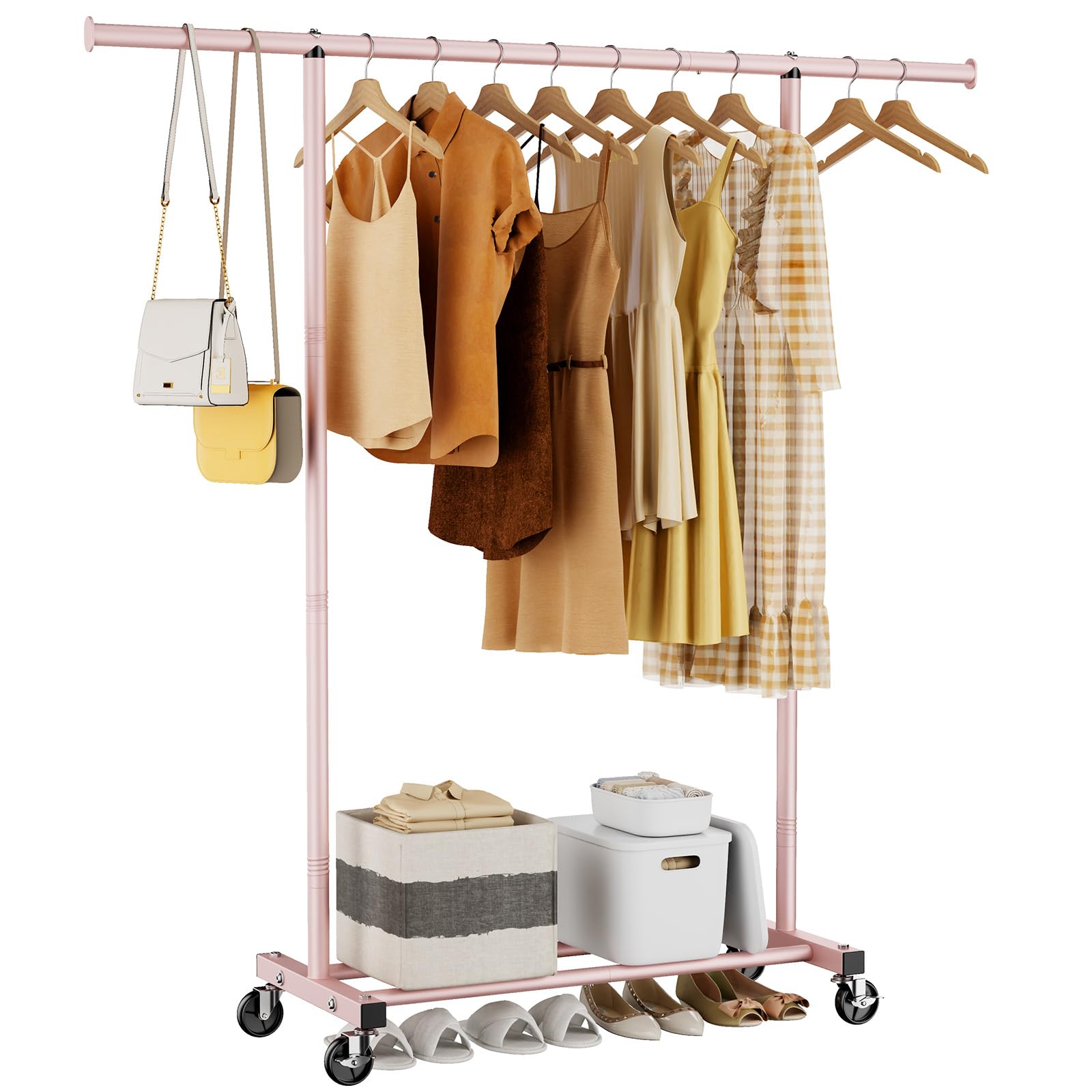 HYSEYY Clothes Clothing Garment Rack with Wheels,46.5" L Portable Rolling Clothing Racks for Hanging Clothes, Sturdy Closet Wardrobe Rack Clothes Storage Organizer Hanger for Coats, Shirts, Dress,Pink