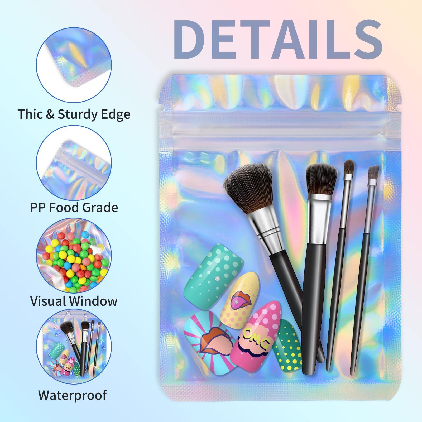 YHJZ 100 Bolsas Holográficas, De 7 X 9 Pulgadas, Bolsas Resellables A Prueba De Olores, Bolsas Resellables Para Embalaje, Bolsas Con Cierre Hermético Para Brillo De Labios, Bolsas De Mylar Para